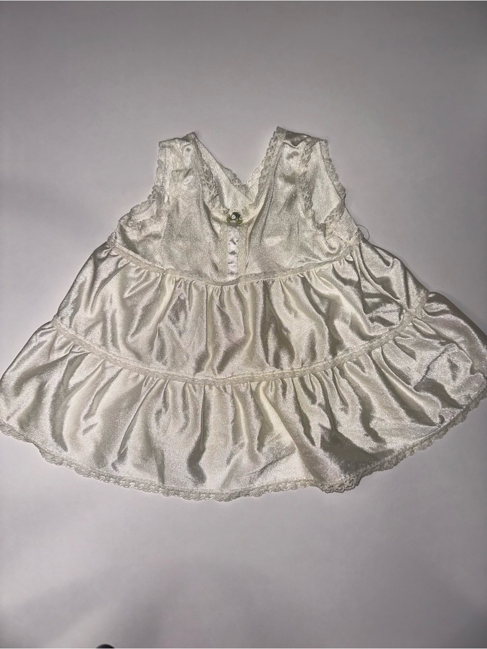 Vintage Ivory Ruffled Baby Dress with lace trimming and flower bow Size 12 Month
